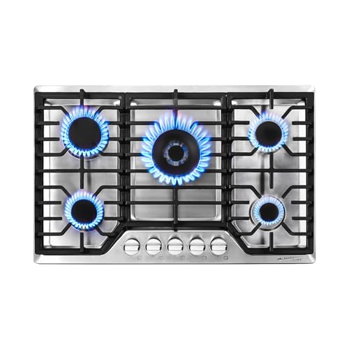 AMZCHEF 30 inch Bulit-In Gas Cooktop with 5 Made in Italy SABAF Powerful Burners Over 90% High Efficiency.Max 48300BTU Gas Stove top of 304 Stainless steel,NG/LPG Convertible, ETL.