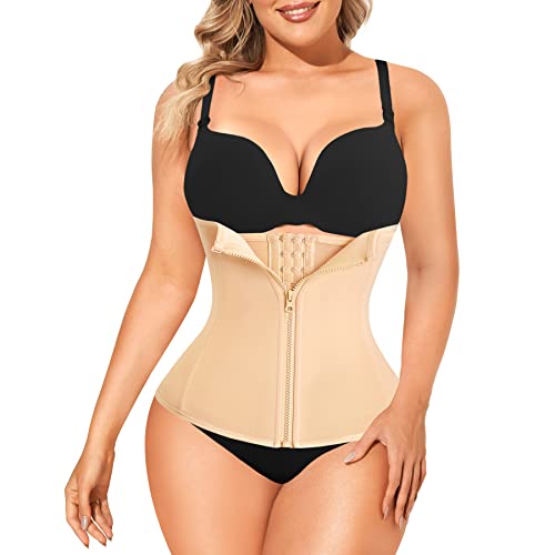 LODAY Waist Trainer Corset for Weight Loss Tummy Control Sport Workout Body Shaper Black (XS, BEIGE(zip&hooks))