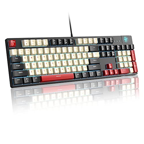 MageGee Mechanical Gaming Keyboard MK-Armor LED Blue Backlit and Wired USB 104 Keys Keyboard with Red Switches, for Windows PC Laptop Game(Black&White)…