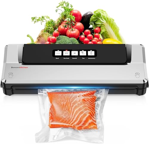 Bonsenkitchen Dry Vacuum Sealer Machine with 5-in-1 Easy Presets for Sous Vide and Food Storage, Air Sealer Machine with 5 Vacuum Seal Bags & 1 Air Suction Hose, Silver