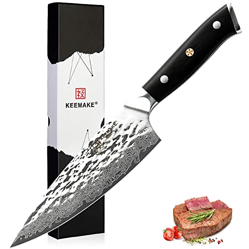 KEEMAKE Damascus Chef Knife 6.5 Inch, Gyutou Knife with Hammered Damascus Steel AUS-10 Blade Kitchen Knife, Chopping Knife With G10 Handle Sharp Knife, Professional Chefs Knife