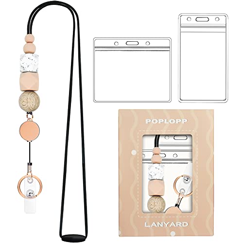 Retractable Lanyards for ID Badges and Keys, Cute Breakaway Teacher Lanyard with Badge Holders and Reels, Durable Silicone Beaded Lanyard for Women, Nurses, Office with 2 Waterproof Card Holders