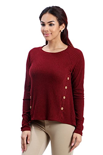 Fandsway Womens Crew Neck Button Trim Long Sleeve Pullover Sweater (Small, BURGUNDY-2055)