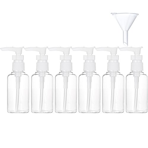TecUnite 6 Pack Small Pump Bottles Clear Travel Bottle Plastic Empty Spray Bottle Dispenser Hand Lotion Sanitizer Refillable Bottle Set with Small Funnel for Flight, Airport, Holiday