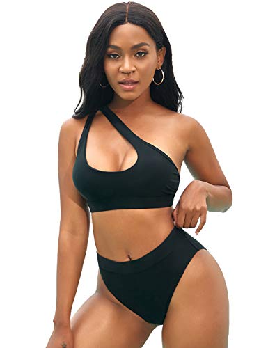 NAFLEAP Women's One Shoulder Sport Bikini Set High Waisted Cutout Swimsuit Crop Top Bathing Suit, Black, S