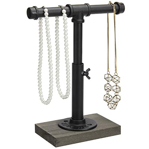 MyGift Industrial Pipe T-Bar Adjustable Height Jewelry Display Necklace Stand with Gray Wood Base