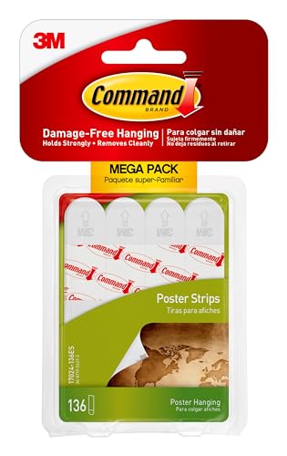 Command Poster Strips, Damage Free Hanging Poster Hangers, No Tools Wall Hanging Strips for Posters, 136 White Command Adhesive Strips