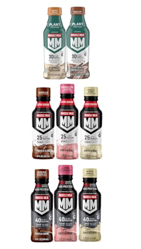 Muscle Milk Genuine Protein Shake, Chocolate, Vanilla, Strawberry 14 Fl Oz Bottle + Muscle Milk Pro Series Protein Shake Variety of Flavors Chocolate, Strawberry, Vanilla + Muscle Milk Plant Protein, 14 Fl oz Chocolate, Caramel Vanilla, Vitamins & Minerals Energizing Snack - Pack of 8 (Packaging May Vary)