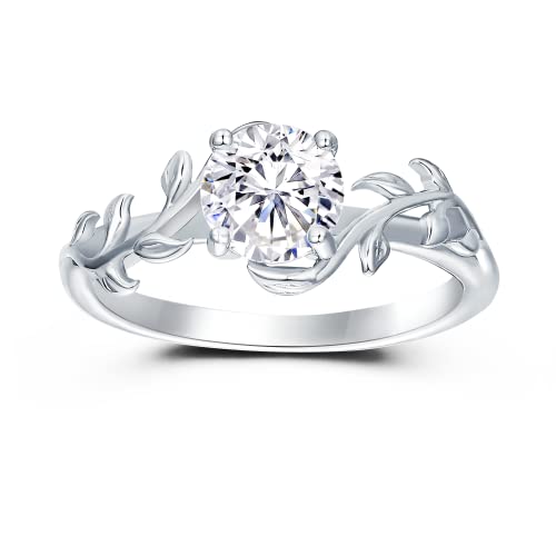 Frayerr Gift For Women - Brilliant 1.01 Carat Round Cut Moissanite Rings - Leaf Shaped Platinum Plated 925 Silver Ring - Art Deco Engagement Rings For Women - Vines Style Promise Rings For Her (6)