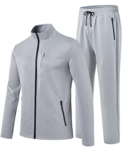 MoFiz Men's Tracksuits,Full Zip Sweat Suits For men,Solid Jogger Sets Active Jackets and Pants 2 Piece Sport Suit For Men's Outfits Light Gray M