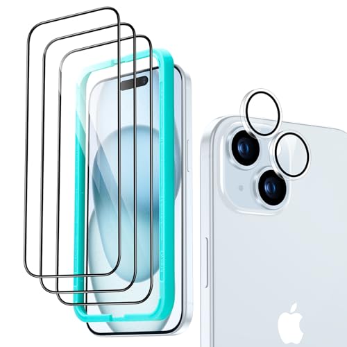 ESR 3+1 Pack for iPhone 15 Screen Protector, 3 Tempered-Glass Screen Protector and 1 Set Camera Lens Protector, 2.5D Curved Edges, Full-Coverage Military-Grade Protection, Scratch Resistant