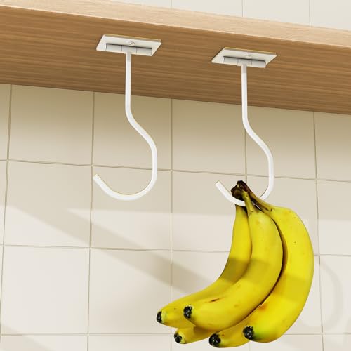 bussdis Banana Hook Hanger Holder Under-Cabinet - Adhesive Banana Hook, Foldable Banana Hook, Folds Up with Magnets When Not in Use, Kitchen Hook,Banana Rack,Keep Bananas Fresh, White, 2 Pack