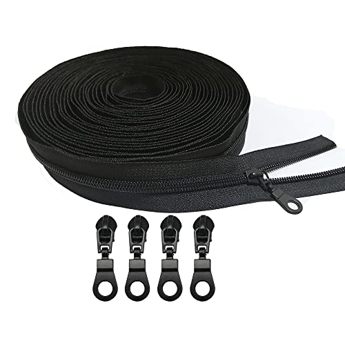 Meikeer 10Yards Bulk Zippers #5 Nylon Coil Zippers by The Yard with 20pcs Zipper Sliders for DIY Sewing Craft Bags(Black)