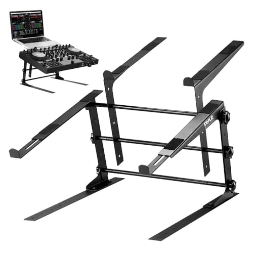 Pyle Portable Dual Laptop Stand - Standing Table with Adjustable Height, Ergonomic Design & Anti-Slip Prongs for DJ Mixer, Sound Equipment, Workstation, Gaming & Home Use - PLPTS38, Black