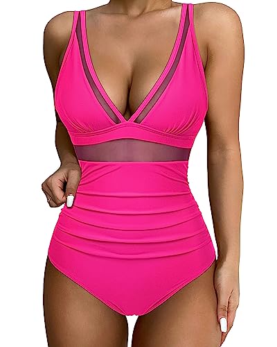 SUUKSESS Women Slimming Tummy Control One Piece Swimsuits Sexy Mesh High Waisted Monokini Bathing Suits (Hot Pink, M)