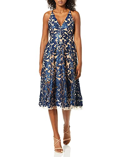 Dress the Population Women's Blair Plunging Fit and Flare Midi Dress Dress, Navy/Nude, M