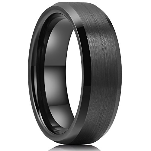 King Will BASIC 7mm Men Black Tungsten Carbide Wedding Ring Brushed Finish Beveled Polished Edge 10