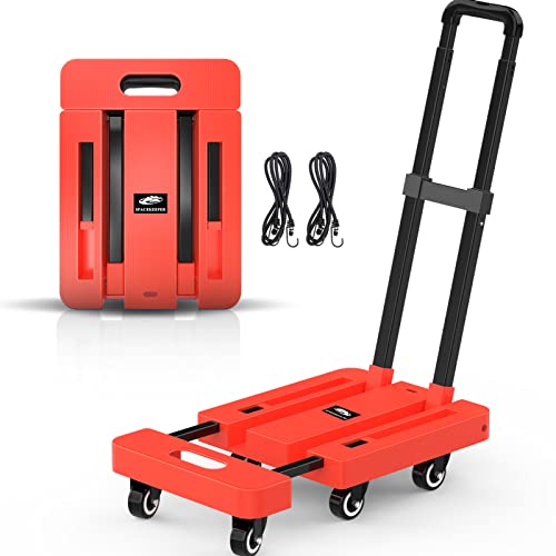 SPACEKEEPER Folding Hand Truck, 500 LB Heavy Duty Luggage Cart, Utility Dolly Platform Cart with 6 Wheels & 2 Elastic Ropes for Luggage, Travel, Moving, Shopping, Office Use, Orange