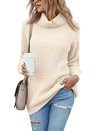 Women's Turtleneck Sweaters Oversized Lightweight Long Sleeve Pullover Loose Chunky Knit Jumper Tops Beige
