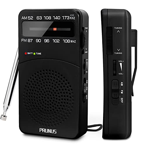 PRUNUS J-166 Portable Radio AM FM, Battery Operated Radio with Tuning Light, Back Clip, Excellent Reception, AM FM Radio Portable, Transistor Radio
