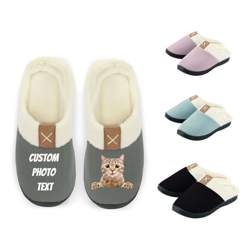 DukeIo Custom Memory Foam Slippers with Text/Photo, Personalized Plush Non-slip Soft Indoor Slippers for Women/Men, Customized Photo House Slippers (Gray Slippers)