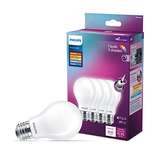Philips LED White Dial Flicker-Free Frosted Dimmable A19 Light Bulb - EyeComfort Technology - 450 Lumen - 5 Shades of White - 5W=40W - E26 Base - Indoor - 4-Pack