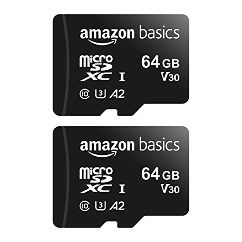 Amazon Basics Micro SDXC Memory Card with Full Size Adapter, A2, U3, Read Speed up to 100 MB/s, 64 gb (2pack), Black