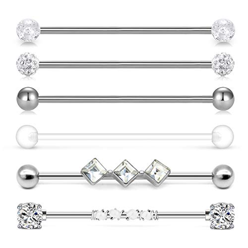 Incaton 14g Industrial Barbell Surgical Steel Cartilage Earrings CZ Industrial Earring Crystal Ferido Industrail Piercing 1 1/2'(38mm) Bar Length