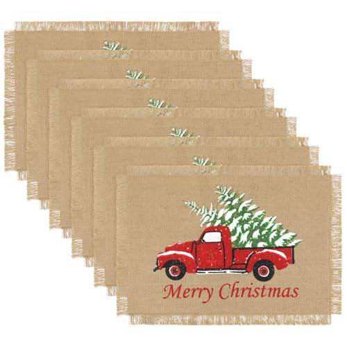 Ganeen Christmas Burlap Placemats Set of 6, Christmas Truck Placemat Fringed Set 13 x 19 Inches Farmhouse Holiday Rustic Living Ornaments Placemat Set for Kitchen Dining Room Table Decoration