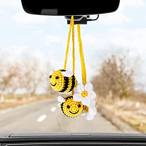 Tallew 4 Pcs Cute Rear View Mirror Accessories Bee And Flower Crochet Car Decor Hand Knitted Car Mirror Hanging Accessories Pendant for Women Men Automotive Interior Decorations, 2 Style (Yellow)