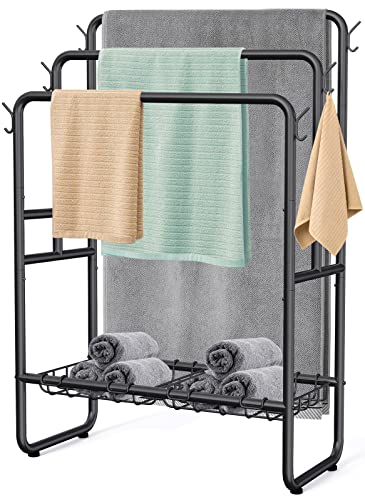 Kayfia 40' Tall Standing Towel Racks, 3 Tier Towel Stand Blanket Rack with 2 Removable Storage Baskets & 6 Hooks, Indoor Outdoor Freestanding Towel Racks for Bathroom Bedroom Organizer (Metal Black)
