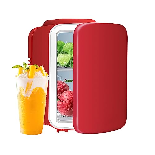 ‎YSSOA 4L Mini Fridge with 12V DC and 110V AC Cords, 6 Can Portable Cooler & Warmer Compact Refrigerators for Food, Drinks, SkinCare, Office Desk, Red