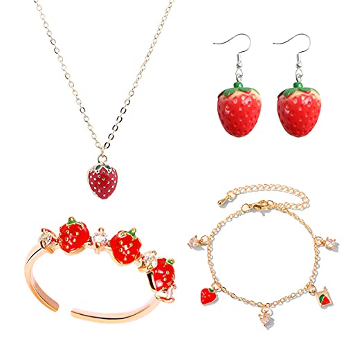 FUTIMELY 4 Pcs Strawberry Jewelry Set for Women Teen Girls Red Strawberry Necklace, Strawberry Earrings, Strawberry Ring, Strawberry Bracelet Cute Food Fruit Charm Jewelry Gift (Red)