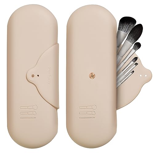 Perfuny Travel Makeup Brush Holder Make up Bag Brushes Case Travel Essentials Silicone Portable Cosmetic Organizer Pouch for Travel (Khaki 1pc)