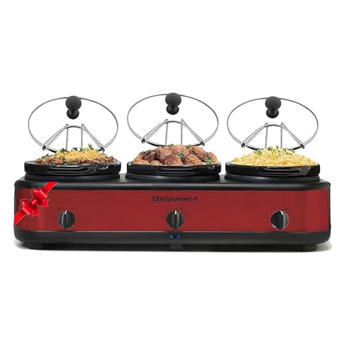 Elite Platinum EWMST-325R Maxi-Matic Triple Slow Cooker Buffet Server Adjustable Temp Dishwasher-Safe Oval Ceramic Pots, Lid Rests, 3 x 2.5 Qt Capacity, Red