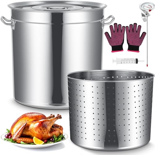 Geetery Stainless Steel Seafood Boil Pot with Basket, Stock Pot with Strainer Turkey Fryer Crab Crawfish Lobster Boil Pot with Injector Thermometer and High Temperature Resistant Gloves Kit (53 Qt)