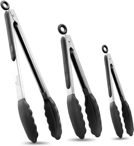 HOTEC Premium Stainless Steel Locking Kitchen Tongs with Silicon Tips, Set of 3-7', 9' and 12' (Black)