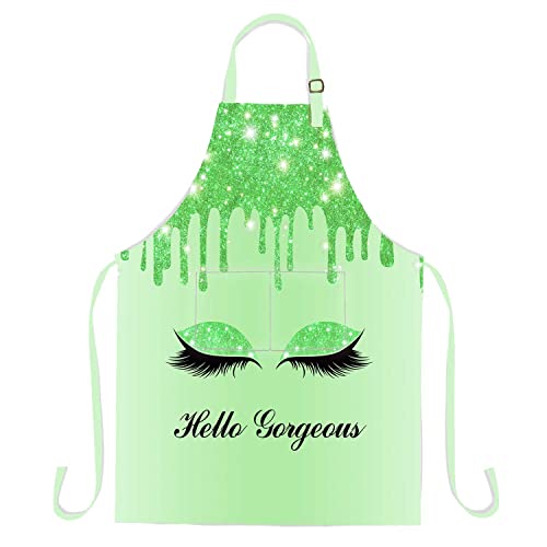 SSCSTS Hello Gorgeous Unicorn Eyelash Apron with 2 Pockets, 26.5x33.1 inch, Adjustable Size Bib Green Aprons for Men Women Kitchen Cooking Baking Gardening WQLSSS20
