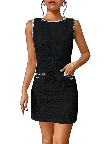 Verdusa Women's Pocket Front Sleeveless Round Neck Tweed Short Bodycon Dress Black L