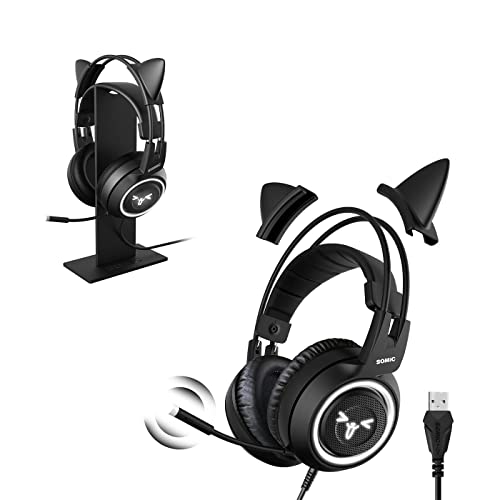SOMIC G951black Gaming Headset with Black Headphone Stand, Cat Ear Headphones with 7.1 Virtual Surround Sound, LED Light, Lightweight Gaming Headphones for PC, PS4，Laptop，Black