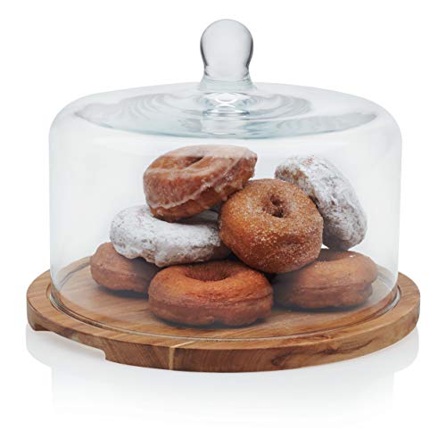 Libbey Acacia Wood Cake Stand with Dome Lid, Ball Top Handle Cake Holder with Lid, Covered Cake Stand, Durable Glass Dome Cover