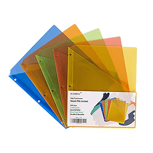 Seashell 25 Pack Poly Translucent Slash File Jacket,3 Hole Punch Binder Organizer Pockets,Letter Size, Assorted Colors,Plastic Binder Pockets Sleeves