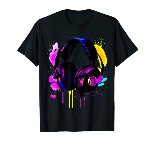 Abstract Art Splatter Painting and Headphones Bright Colors T-Shirt
