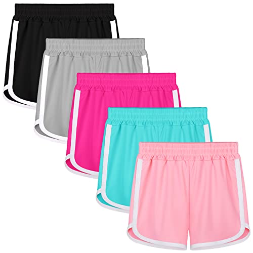 Resinta 5 Packs Girls Athletic Running Shorts Toddler Soccer Shorts Kids Quick Dry Basketball Shorts Gym Shorts 6-7Y