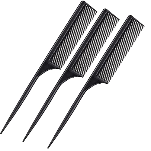 Leinuosen 3 Pack Tail Comb Carbon Fiber Rat Tail Comb Set Heat Resistant Anti Static Styling Tail Comb for Hair Women Back Combing Root Teasing Adding Volume (Black)