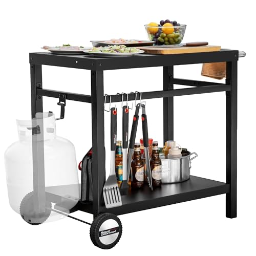 Royal Gourmet Dining Cart Table with Double-Shelf, Movable Stainless Steel Flattop Grill Cart, Hooks, Side Handle, Multifunctional PC3401B (Black)