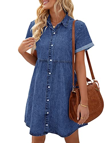 LookbookStore Denim Dress for Women Babydoll Dress for Women Blue Jean Dresses for Women Denim Short Sleeve Denim Shirt Dress Casual Summer Babydoll Dress Wishful Blue Size M Size 8 10