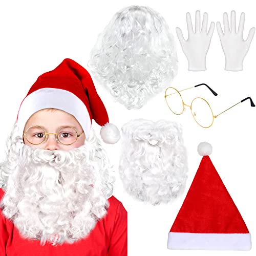Eurzom 5 Pcs Kids Christmas Santa Costume Set White Santa Claus Wig and Beard Christmas Hat Glasses and Gloves for Child Christmas Cosplay Party Photo Prop