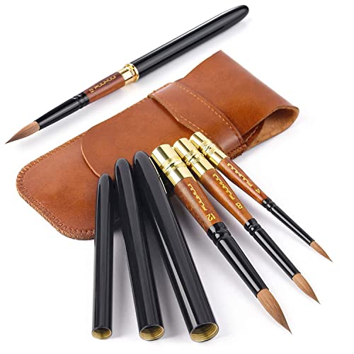 Kolinsky Travel Watercolor Brushes, Fuumuui 3Pcs Plein Air Elegant Kolinsky Sable Watercolor Brushes with Pocket Size Leather Pouch Perfect for Watercolor Gouache Ink Painting
