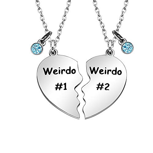 Maxforever Friendship Gift, Weirdo 1 Weirdo 2 Split Heart Stainless Steel Pendant Necklaces BFF Gift for Best Friend (Blue Crystal)